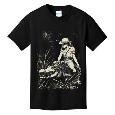 Girl Riding Alligator Weird Funny Florida Crocodile Meme Kids T-Shirt