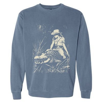 Girl Riding Alligator Weird Funny Florida Crocodile Meme Garment-Dyed Sweatshirt
