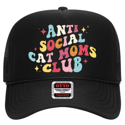 Groovy Retro Anti Social Cat Moms Club Mothers Day High Crown Mesh Back Trucker Hat