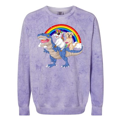 Golden Retriver And Unicorn Riding Dinosaur Colorblast Crewneck Sweatshirt