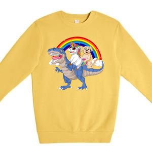 Golden Retriver And Unicorn Riding Dinosaur Premium Crewneck Sweatshirt