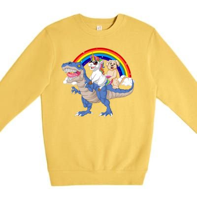 Golden Retriver And Unicorn Riding Dinosaur Premium Crewneck Sweatshirt