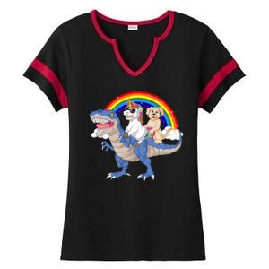 Golden Retriver And Unicorn Riding Dinosaur Ladies Halftime Notch Neck Tee