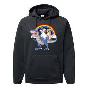 Golden Retriver And Unicorn Riding Dinosaur Performance Fleece Hoodie