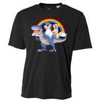 Golden Retriver And Unicorn Riding Dinosaur Cooling Performance Crew T-Shirt