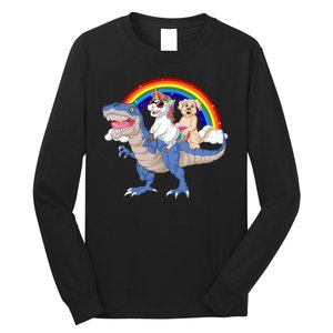 Golden Retriver And Unicorn Riding Dinosaur Long Sleeve Shirt