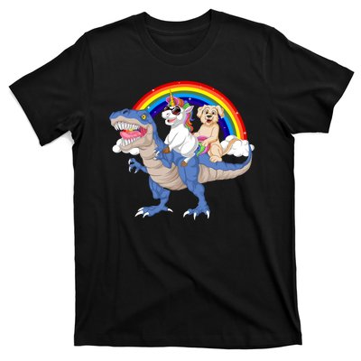 Golden Retriver And Unicorn Riding Dinosaur T-Shirt