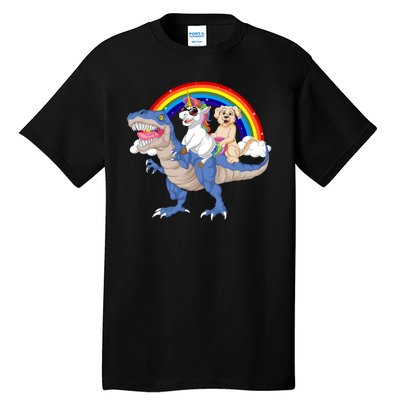 Golden Retriver And Unicorn Riding Dinosaur Tall T-Shirt