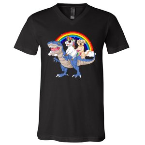 Golden Retriver And Unicorn Riding Dinosaur V-Neck T-Shirt