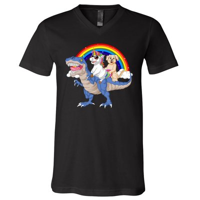 Golden Retriver And Unicorn Riding Dinosaur V-Neck T-Shirt