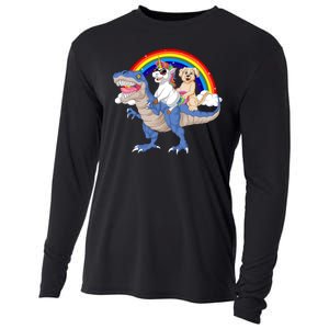 Golden Retriver And Unicorn Riding Dinosaur Cooling Performance Long Sleeve Crew