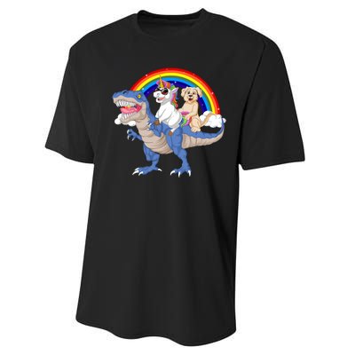 Golden Retriver And Unicorn Riding Dinosaur Performance Sprint T-Shirt