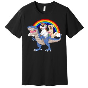 Golden Retriver And Unicorn Riding Dinosaur Premium T-Shirt