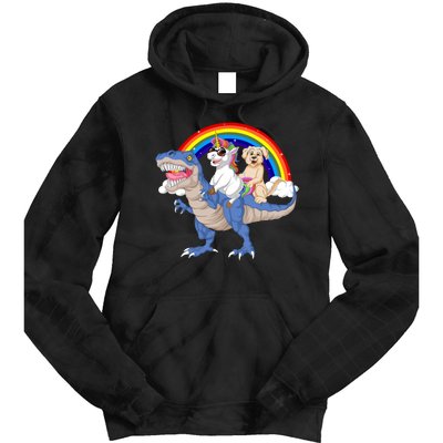 Golden Retriver And Unicorn Riding Dinosaur Tie Dye Hoodie