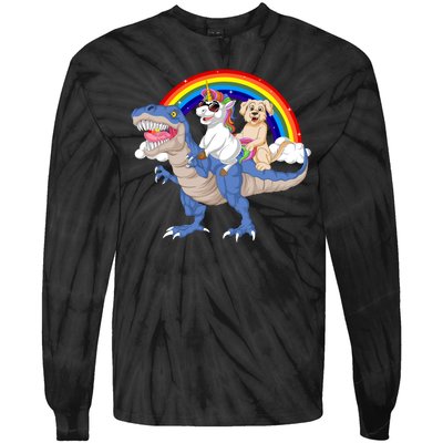 Golden Retriver And Unicorn Riding Dinosaur Tie-Dye Long Sleeve Shirt