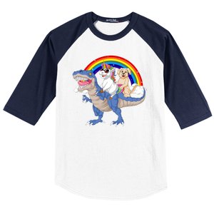 Golden Retriver And Unicorn Riding Dinosaur Baseball Sleeve Shirt