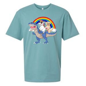 Golden Retriver And Unicorn Riding Dinosaur Sueded Cloud Jersey T-Shirt