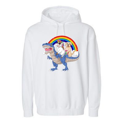 Golden Retriver And Unicorn Riding Dinosaur Garment-Dyed Fleece Hoodie