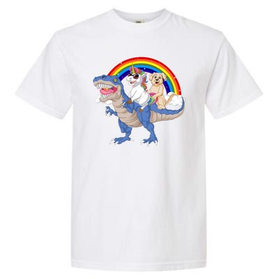 Golden Retriver And Unicorn Riding Dinosaur Garment-Dyed Heavyweight T-Shirt