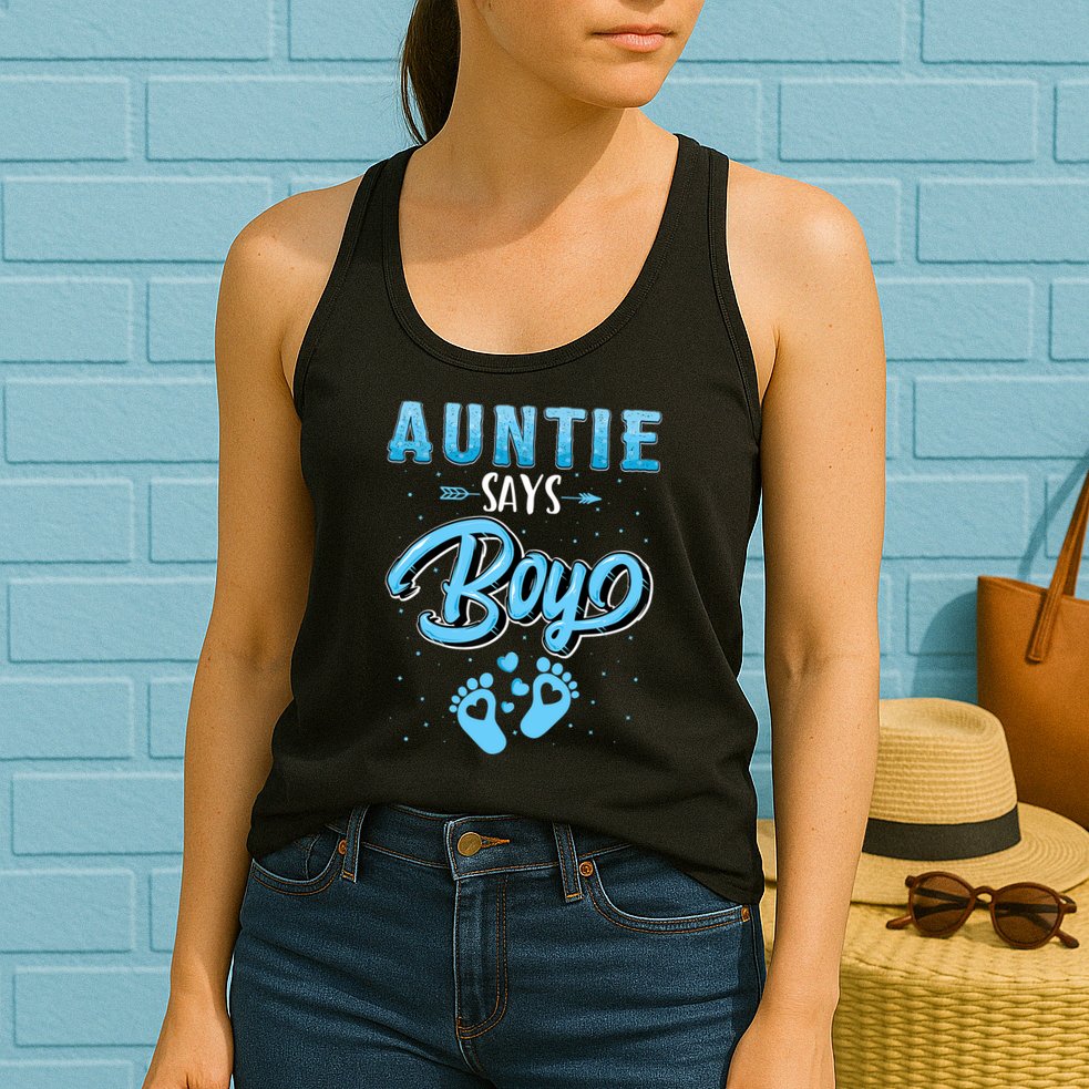 Gender Reveal Auntie Says Boy Baby Matching Family Set Womens Tank Top