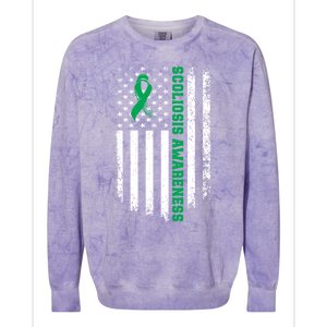 Green Ribbon American Flag Scoliosis Awareness Gift Colorblast Crewneck Sweatshirt