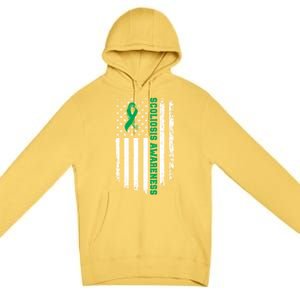 Green Ribbon American Flag Scoliosis Awareness Gift Premium Pullover Hoodie