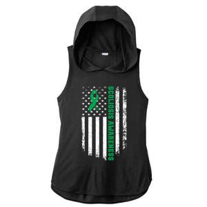 Green Ribbon American Flag Scoliosis Awareness Gift Ladies PosiCharge Tri-Blend Wicking Draft Hoodie Tank