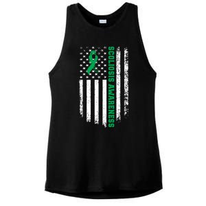 Green Ribbon American Flag Scoliosis Awareness Gift Ladies PosiCharge Tri-Blend Wicking Tank