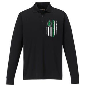 Green Ribbon American Flag Scoliosis Awareness Gift Performance Long Sleeve Polo