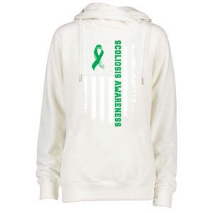 Green Ribbon American Flag Scoliosis Awareness Gift Womens Funnel Neck Pullover Hood