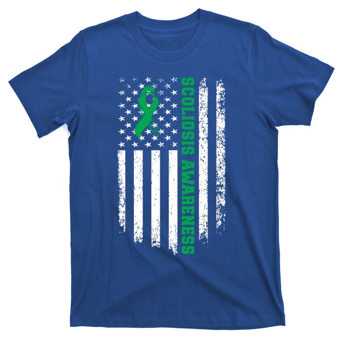 Green Ribbon American Flag Scoliosis Awareness Gift T-Shirt