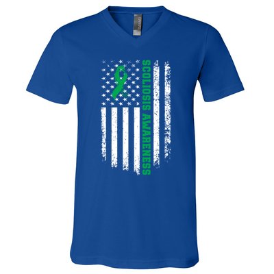 Green Ribbon American Flag Scoliosis Awareness Gift V-Neck T-Shirt