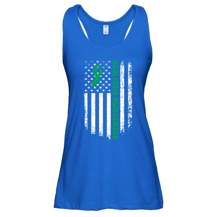 Green Ribbon American Flag Scoliosis Awareness Gift Ladies Essential Flowy Tank