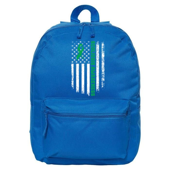 Green Ribbon American Flag Scoliosis Awareness Gift 16 in Basic Backpack