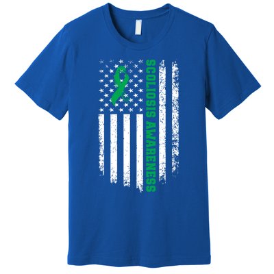 Green Ribbon American Flag Scoliosis Awareness Gift Premium T-Shirt