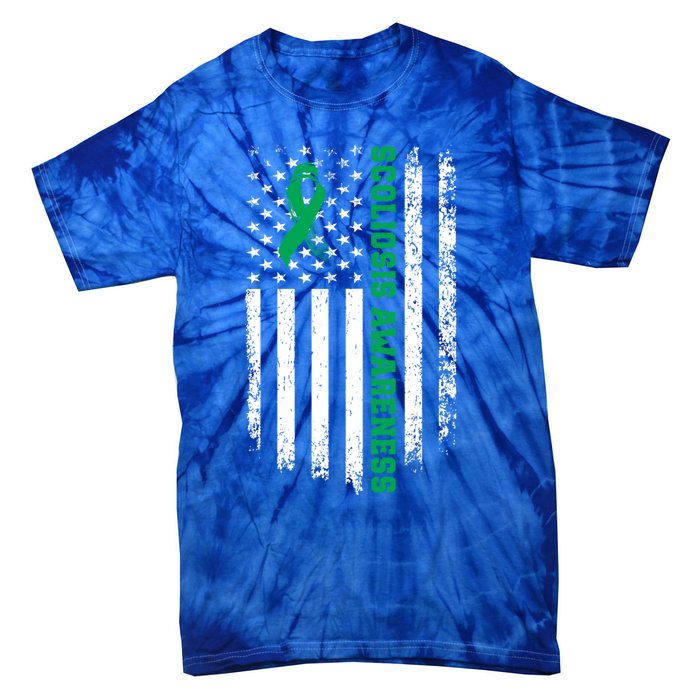 Green Ribbon American Flag Scoliosis Awareness Gift Tie-Dye T-Shirt