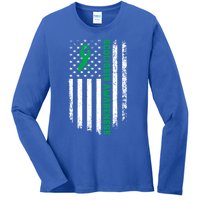 Green Ribbon American Flag Scoliosis Awareness Gift Ladies Long Sleeve Shirt