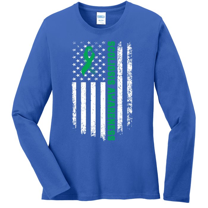 Green Ribbon American Flag Scoliosis Awareness Gift Ladies Long Sleeve Shirt