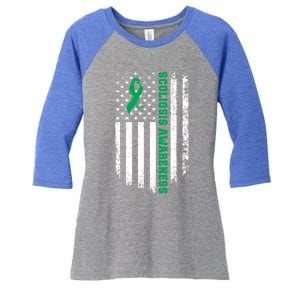 Green Ribbon American Flag Scoliosis Awareness Gift Women's Tri-Blend 3/4-Sleeve Raglan Shirt