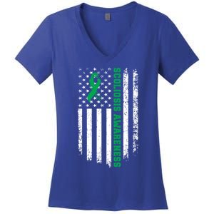 Green Ribbon American Flag Scoliosis Awareness Gift Women's V-Neck T-Shirt