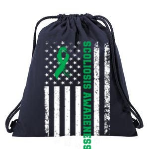 Green Ribbon American Flag Scoliosis Awareness Gift Drawstring Bag