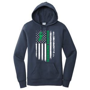 Green Ribbon American Flag Scoliosis Awareness Gift Women's Pullover Hoodie