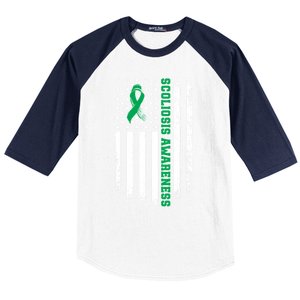 Green Ribbon American Flag Scoliosis Awareness Gift Baseball Sleeve Shirt