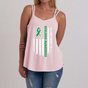 Green Ribbon American Flag Scoliosis Awareness Gift Women's Strappy Tank