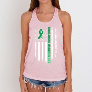 Green Ribbon American Flag Scoliosis Awareness Gift Women's Knotted Racerback Tank