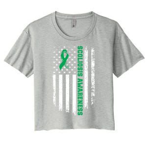 Green Ribbon American Flag Scoliosis Awareness Gift Women's Crop Top Tee