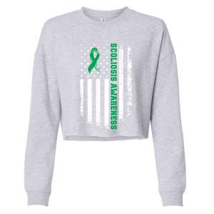 Green Ribbon American Flag Scoliosis Awareness Gift Cropped Pullover Crew