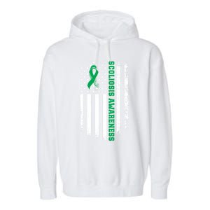 Green Ribbon American Flag Scoliosis Awareness Gift Garment-Dyed Fleece Hoodie