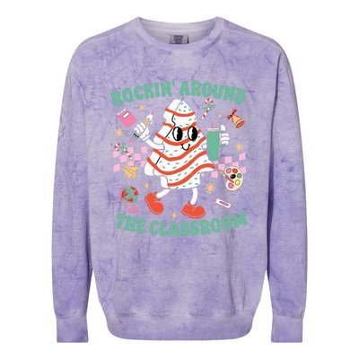 Groovy Rocking Around Classroom Teacher Christmas Tree Cake Colorblast Crewneck Sweatshirt