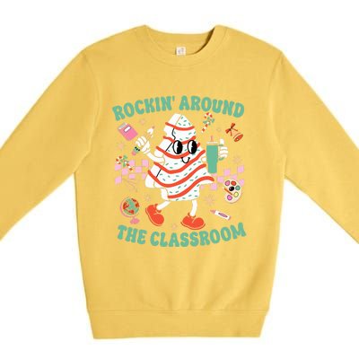 Groovy Rocking Around Classroom Teacher Christmas Tree Cake Premium Crewneck Sweatshirt